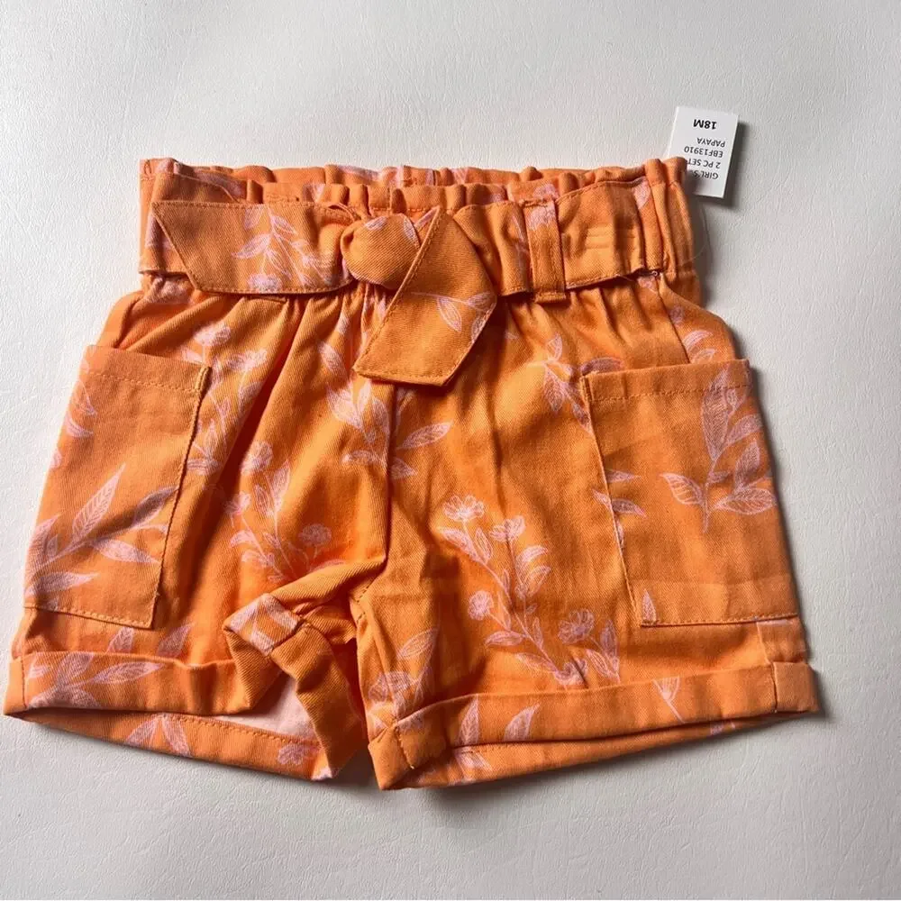 Eddie Bauer Girls Orange Papaya Short Sleeve Button Front Tie Waisted Set Sz 18M